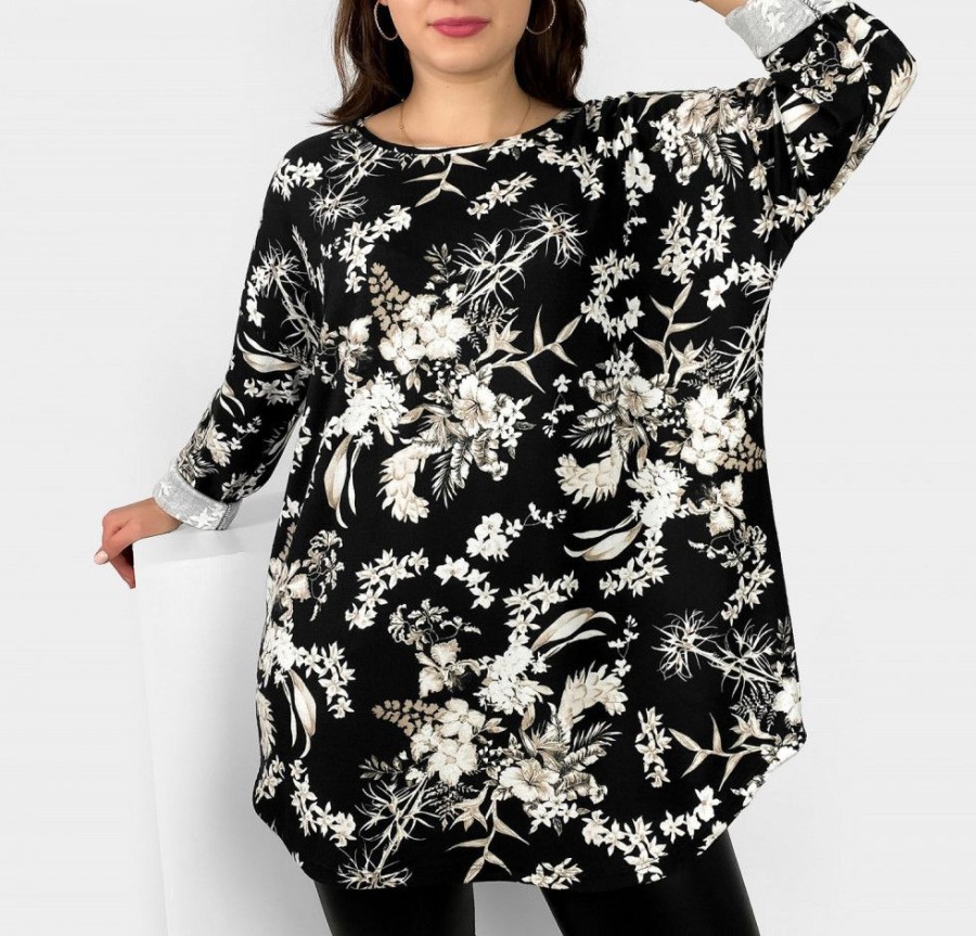 Odziez maloma Tuniki Asymetryczne | Milutka Tunika Plus Size Lekko Dluzszy Tyl Okragly Dekolt Oversize Wzor Kwiaty Ruzan Czarny/Bialy/Bezowy