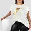 Odziez maloma T-Shirty Z Nadrukiem | Nietoperz T-Shirt Damski Plus Size W Kolorze Ecru Gold Print Piorko Zloty/Ecru