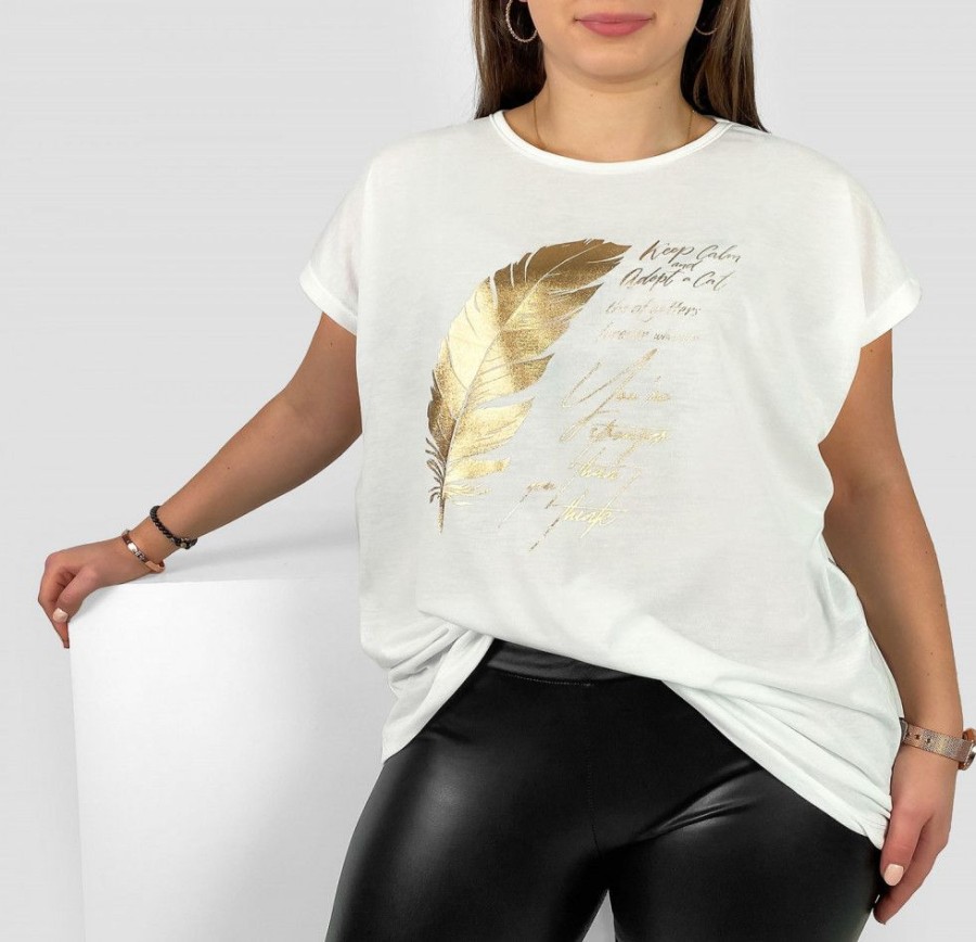 Odziez maloma T-Shirty Z Nadrukiem | Nietoperz T-Shirt Damski Plus Size W Kolorze Ecru Gold Print Piorko Zloty/Ecru