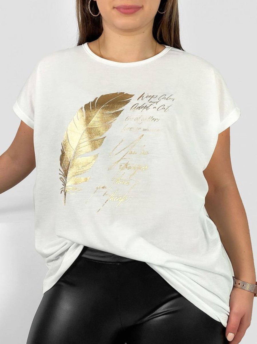 Odziez maloma T-Shirty Z Nadrukiem | Nietoperz T-Shirt Damski Plus Size W Kolorze Ecru Gold Print Piorko Zloty/Ecru