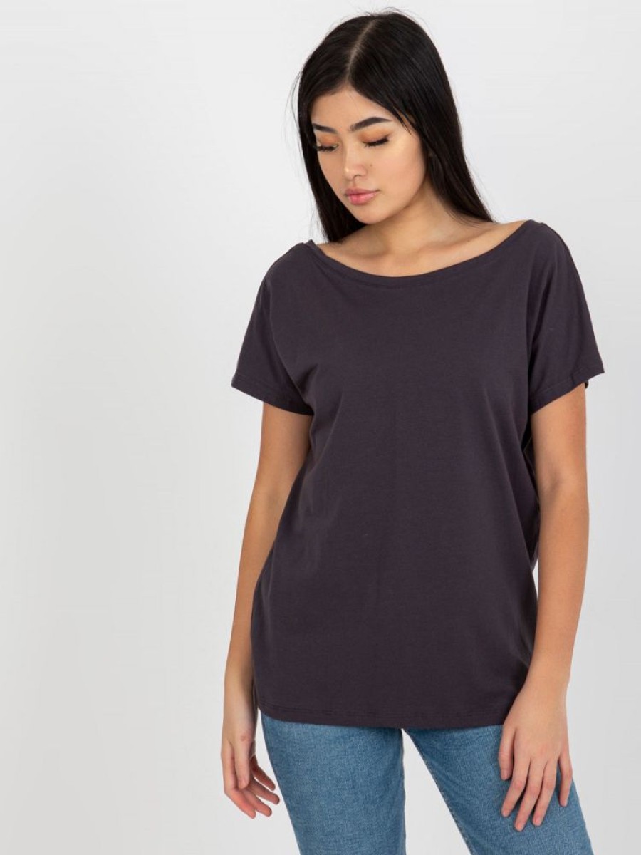 Odziez maloma T-Shirty Jednokolorowe | Bluzka Damska W Kolorze M Basic Dekolt Na Plecach W Serek V-Neck Caro Grafitowy