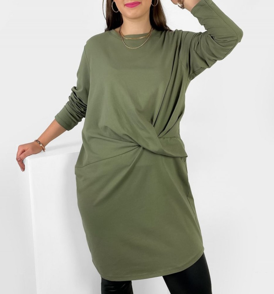 Odziez maloma Tuniki Wizytowe | Tunika Plus Size W Kolorze Ozdobna Zakladka Dlugi Rekaw Amber Khaki