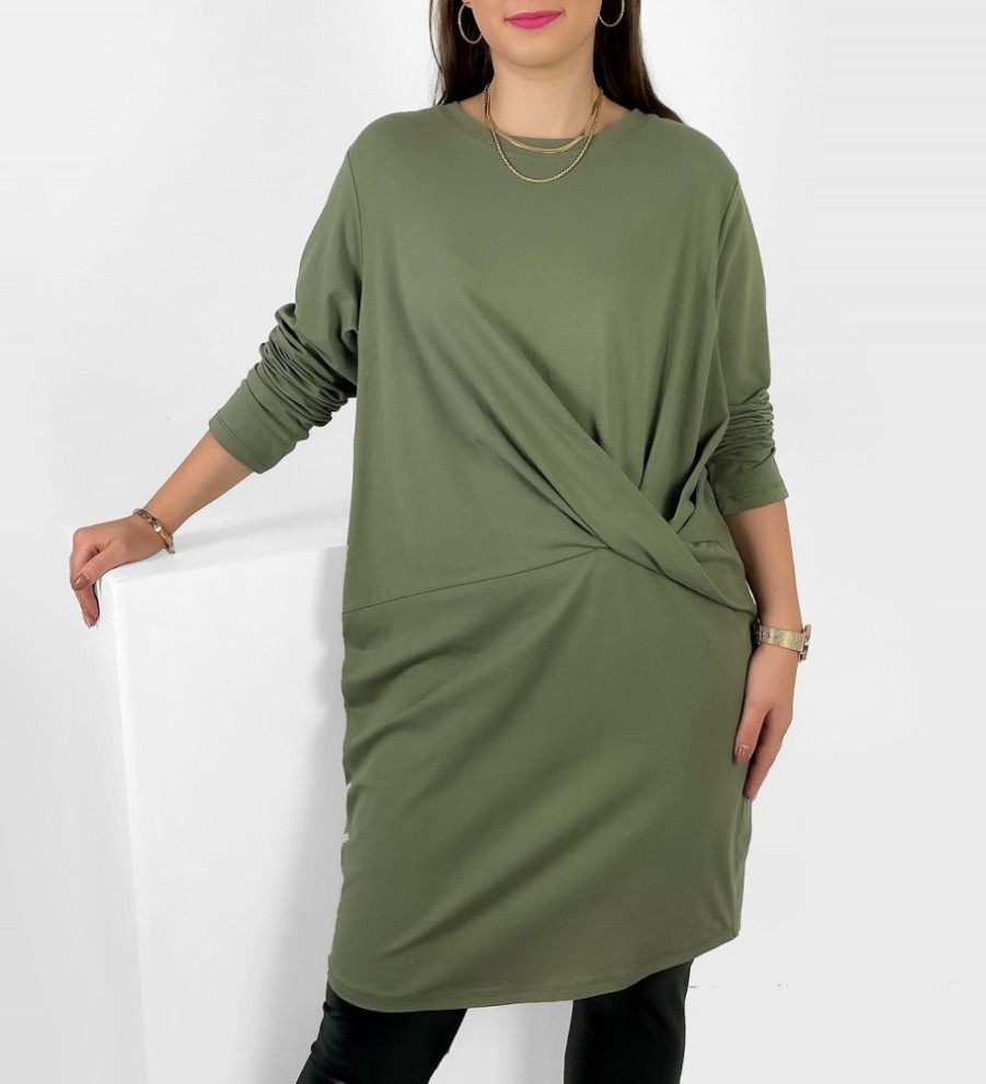 Odziez maloma Tuniki Wizytowe | Tunika Plus Size W Kolorze Ozdobna Zakladka Dlugi Rekaw Amber Khaki