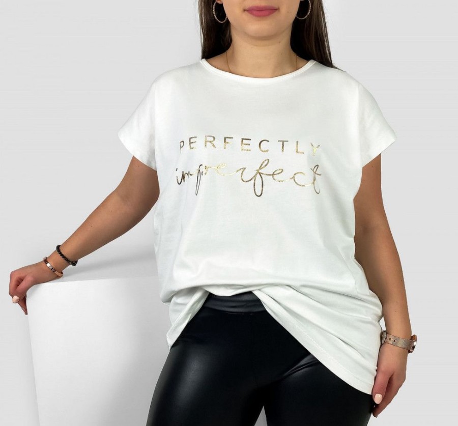 Odziez maloma T-Shirty Z Nadrukiem | Nietoperz T-Shirt Damski Plus Size W Kolorze Ecruoty Print Perfectly Imperfect Ecru/Bialy