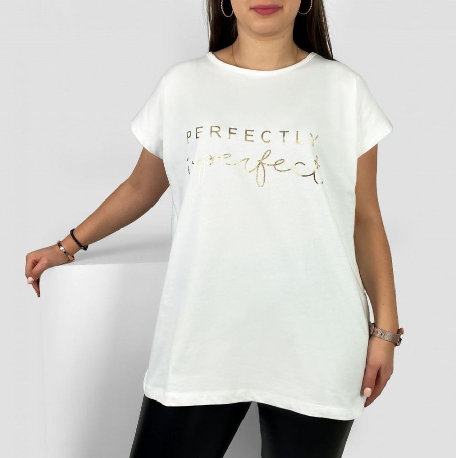 Odziez maloma T-Shirty Z Nadrukiem | Nietoperz T-Shirt Damski Plus Size W Kolorze Ecruoty Print Perfectly Imperfect Ecru/Bialy