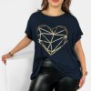 Odziez maloma T-Shirty Z Nadrukiem | Nietoperz T-Shirt Damski Plus Size W Kolorze Dark Navy Geometryczne Serce Granat