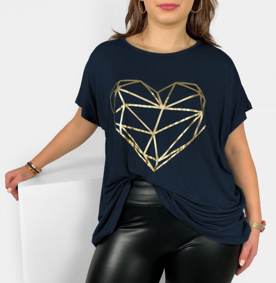 Odziez maloma T-Shirty Z Nadrukiem | Nietoperz T-Shirt Damski Plus Size W Kolorze Dark Navy Geometryczne Serce Granat