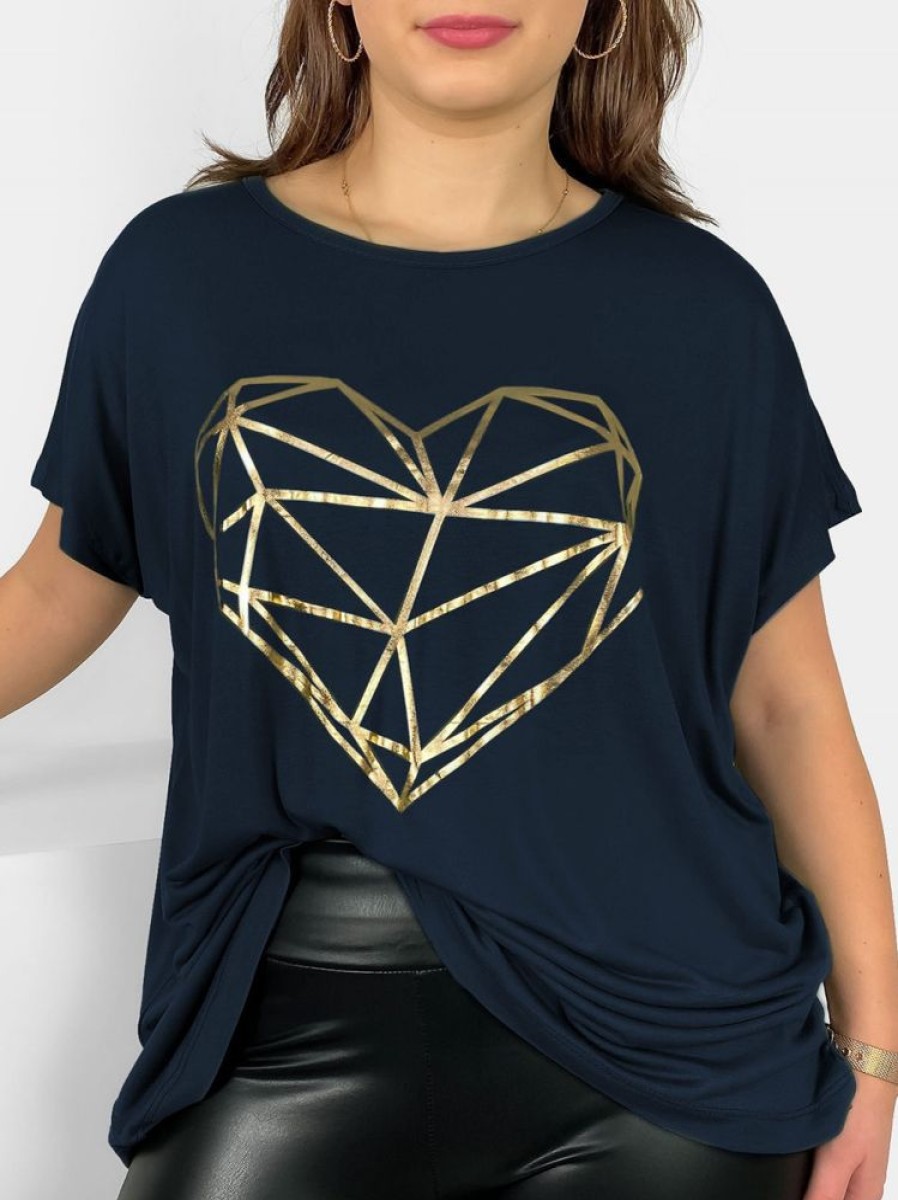 Odziez maloma T-Shirty Z Nadrukiem | Nietoperz T-Shirt Damski Plus Size W Kolorze Dark Navy Geometryczne Serce Granat