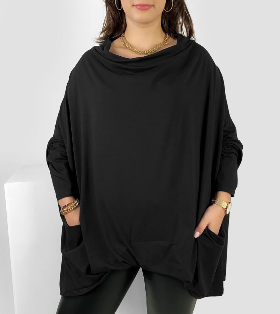 Odziez maloma Bluzki Oversize | Mega Oversize Bluzka Plus Size W Kolorze M Zakladka Dekolt Woda Kieszenie Crystal Czarny