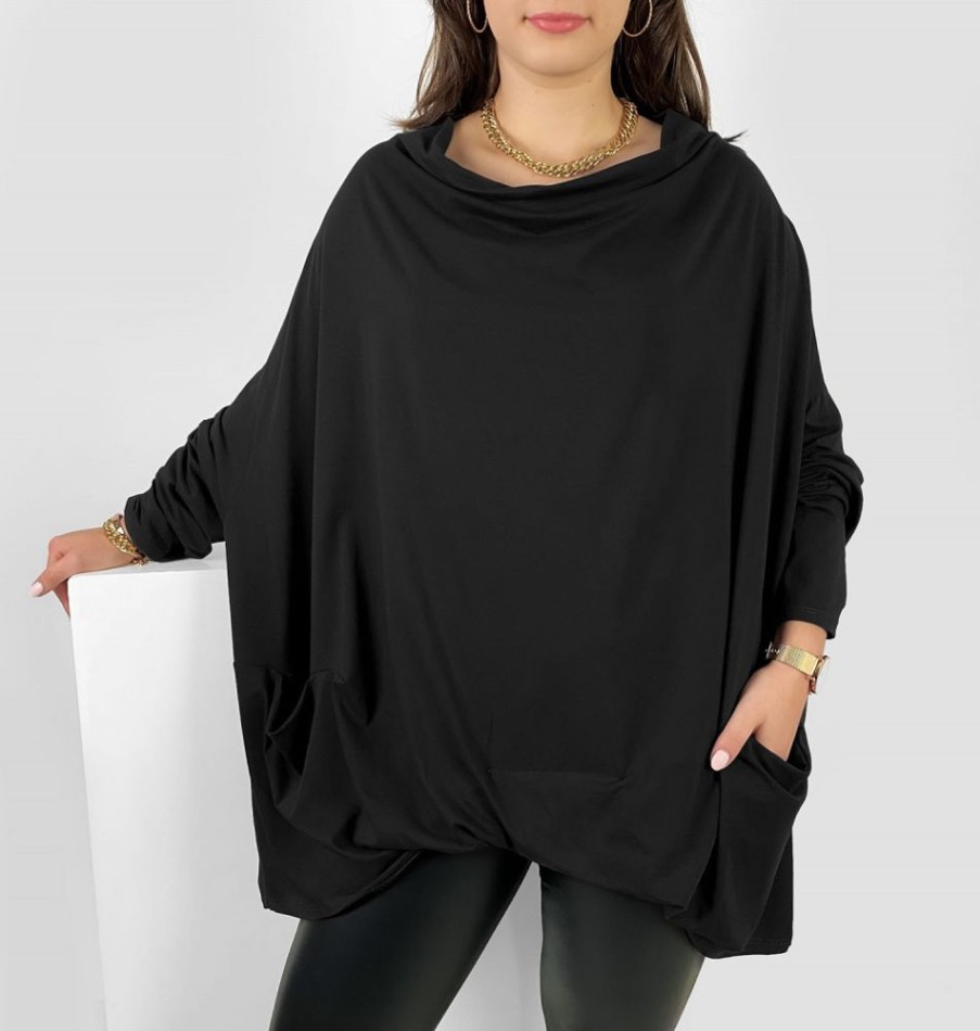 Odziez maloma Bluzki Oversize | Mega Oversize Bluzka Plus Size W Kolorze M Zakladka Dekolt Woda Kieszenie Crystal Czarny