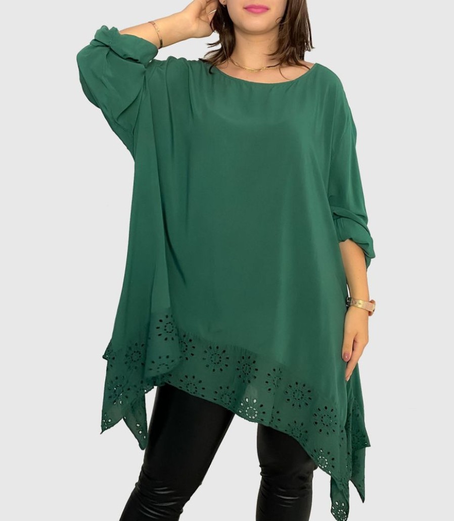 Odziez maloma Koszule Z Haftem | Elegancka Tunika W Kolorze M Asymetryczna Koszula Plus Size Z Haftem Rivien Zielony