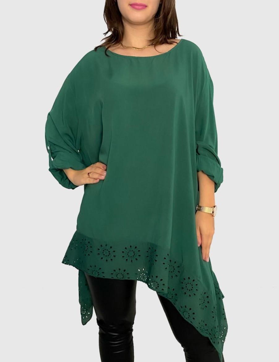 Odziez maloma Koszule Z Haftem | Elegancka Tunika W Kolorze M Asymetryczna Koszula Plus Size Z Haftem Rivien Zielony