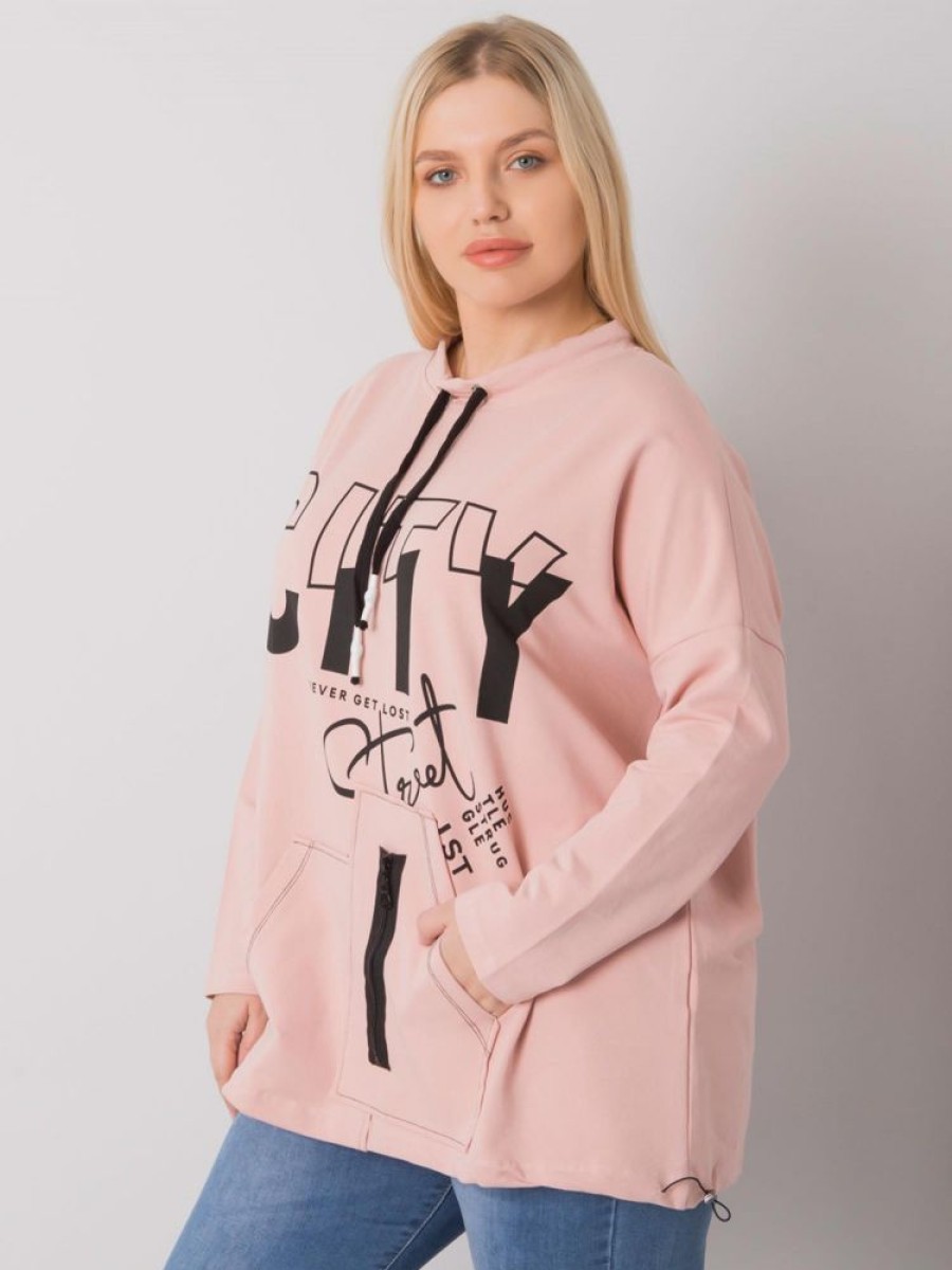 Odziez maloma Bluzy Z Nadrukiem | Bluza Damska Plus Size W Kolorze Pudrowym Oversize Napisy Kieszenie Fancy Pudrowy/Rozowy