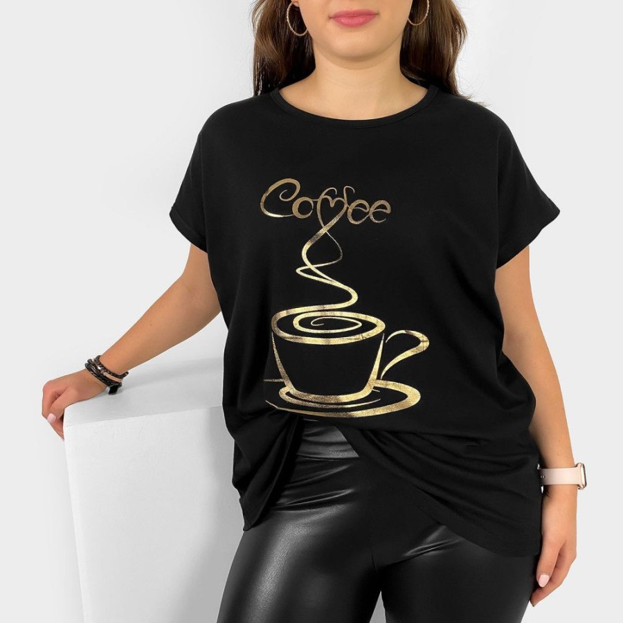 Odziez maloma T-Shirty Z Nadrukiem | Nietoperz T-Shirt Damski Plus Size W Kolorze Moty Print Coffee Cup Czarny