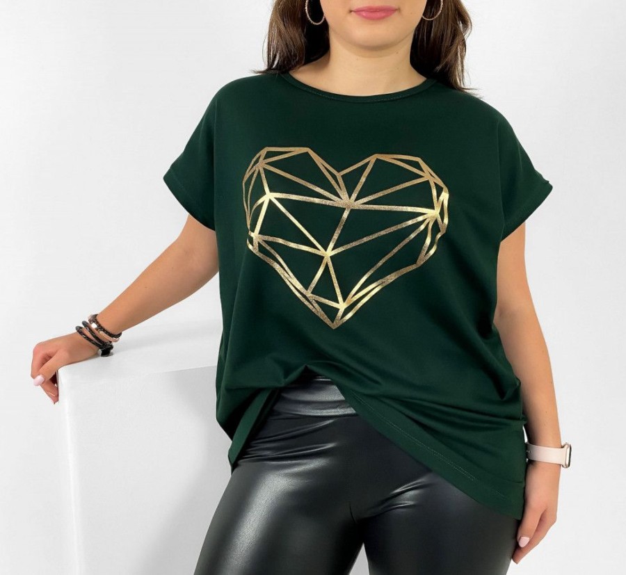 Odziez maloma T-Shirty Z Nadrukiem | Nietoperz T-Shirt Damski Plus Size W Kolorze Ciemnej Butelkowej Zieleni Geometryczne Serce Zielony/Butelkowy