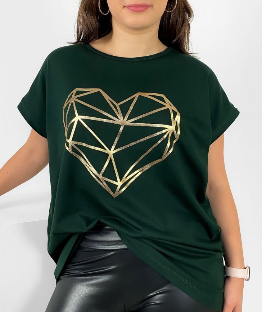 Odziez maloma T-Shirty Z Nadrukiem | Nietoperz T-Shirt Damski Plus Size W Kolorze Ciemnej Butelkowej Zieleni Geometryczne Serce Zielony/Butelkowy