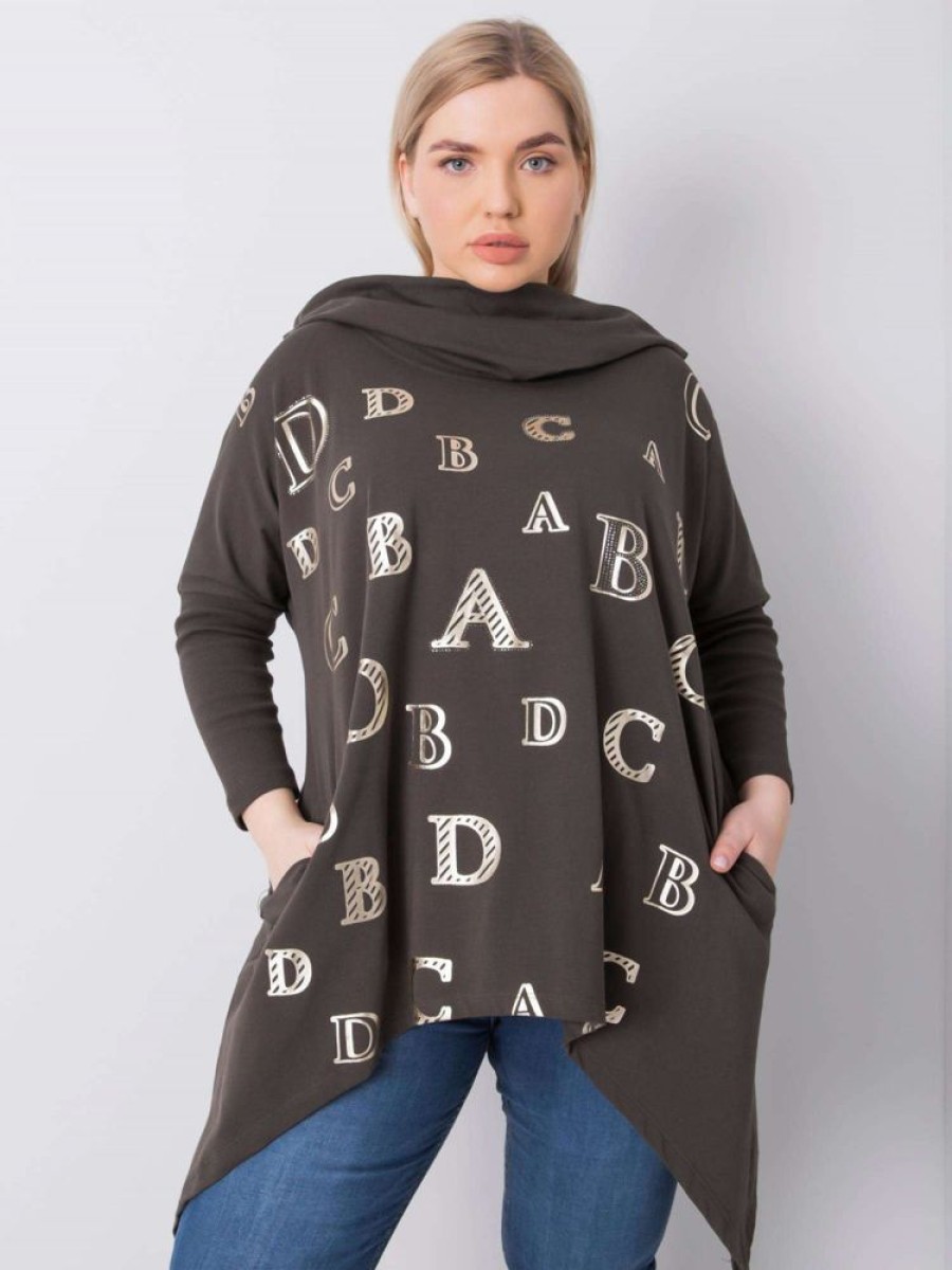 Odziez maloma Tuniki Z Rekawem | Asymetryczna Tunika Damska Plus Size W Kolorze Khaki Z Kieszeniami Dlugie Boki Litery Zloty/Khaki