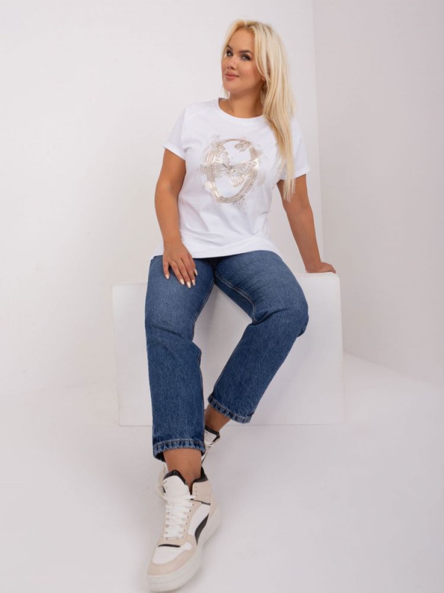 Odziez maloma T-Shirty One Size | Bluzka Damska Plus Size W Kolorze Bialym Nadruk Print Motyle Dzety Rozciecia