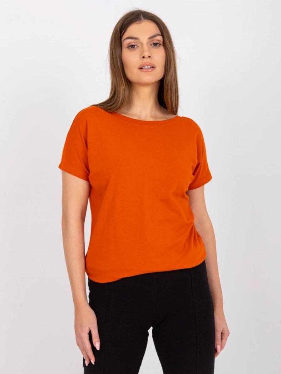 Odziez maloma T-Shirty Jednokolorowe | Bluzka Damska W Kolorze Dark Orange Basic Dekolt Na Plecach W Serek V-Neck Caro Pomaranczowy