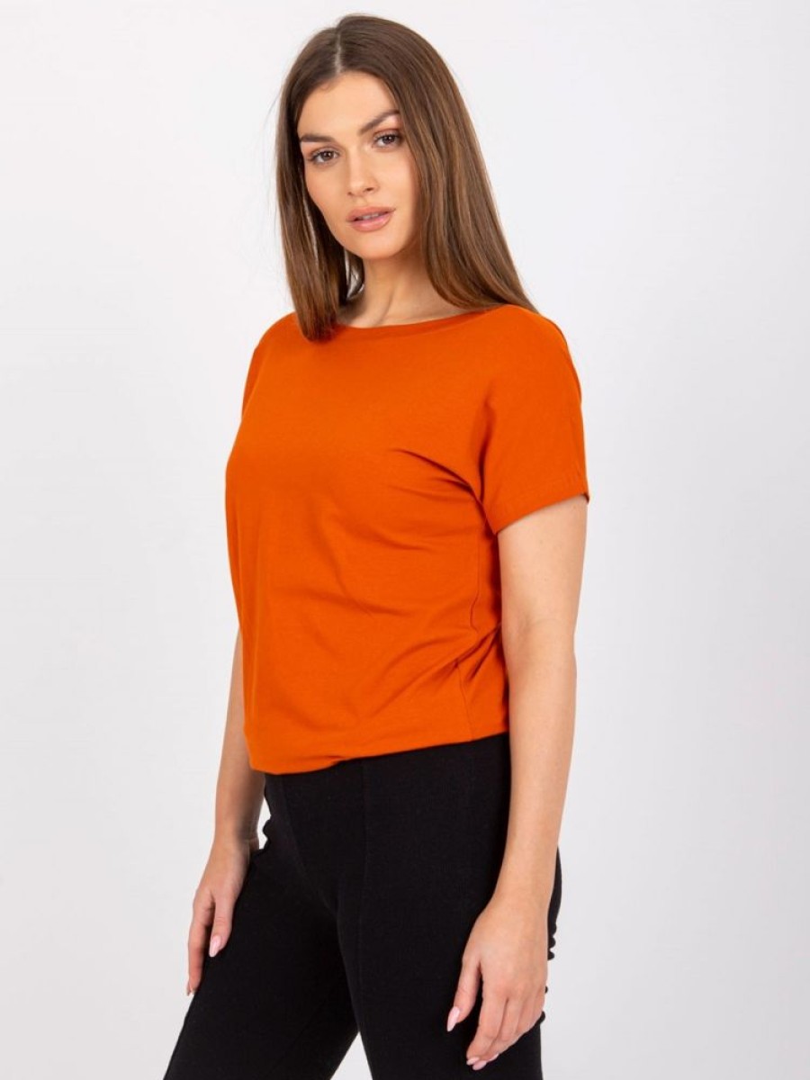 Odziez maloma T-Shirty Jednokolorowe | Bluzka Damska W Kolorze Dark Orange Basic Dekolt Na Plecach W Serek V-Neck Caro Pomaranczowy