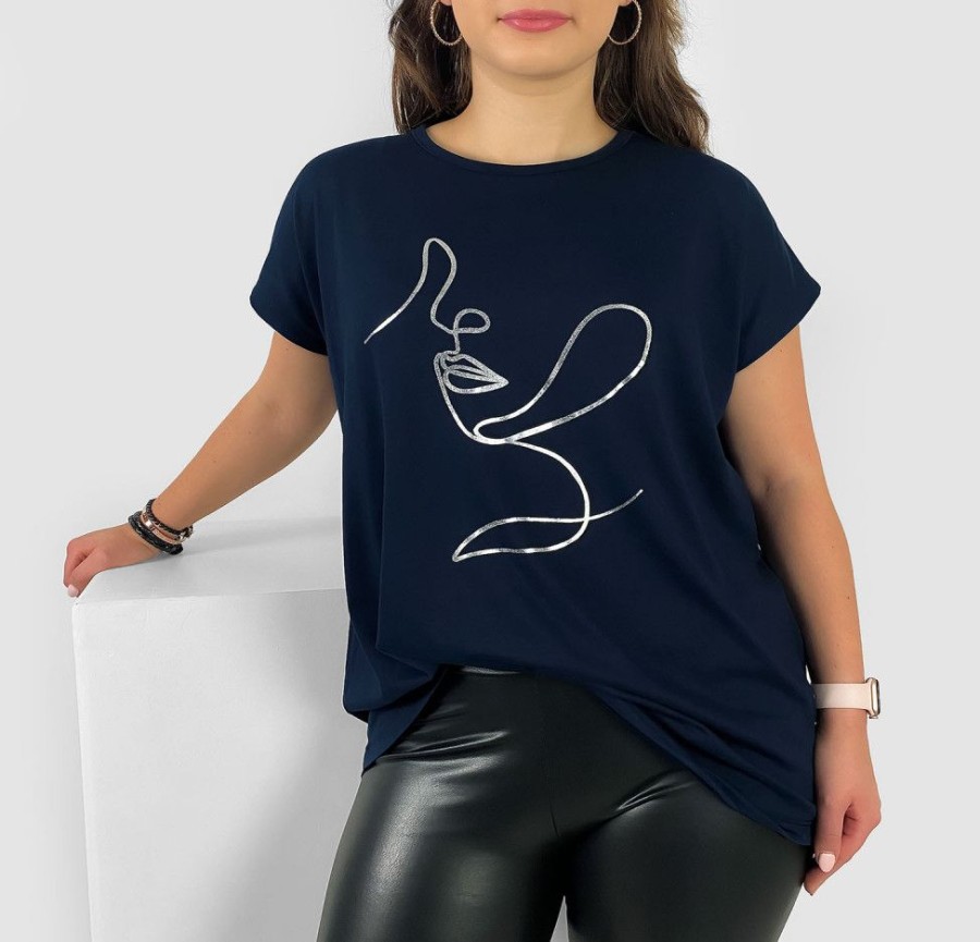 Odziez maloma T-Shirty Z Nadrukiem | Nietoperz T-Shirt Damski Plus Size W Kolorze Owym Srebrny Line Art Woman Granat