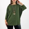 Odziez maloma Bluzki Z Naszyjnikiem | Lekka Bluzka Plus Size W Kolorze Nietoperz Oversize Z Naszyjnikiem Rekaw 3/4 Freya Khaki