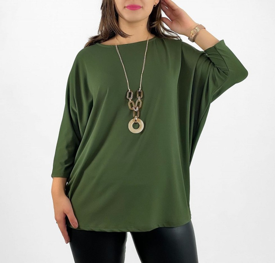 Odziez maloma Bluzki Z Naszyjnikiem | Lekka Bluzka Plus Size W Kolorze Nietoperz Oversize Z Naszyjnikiem Rekaw 3/4 Freya Khaki