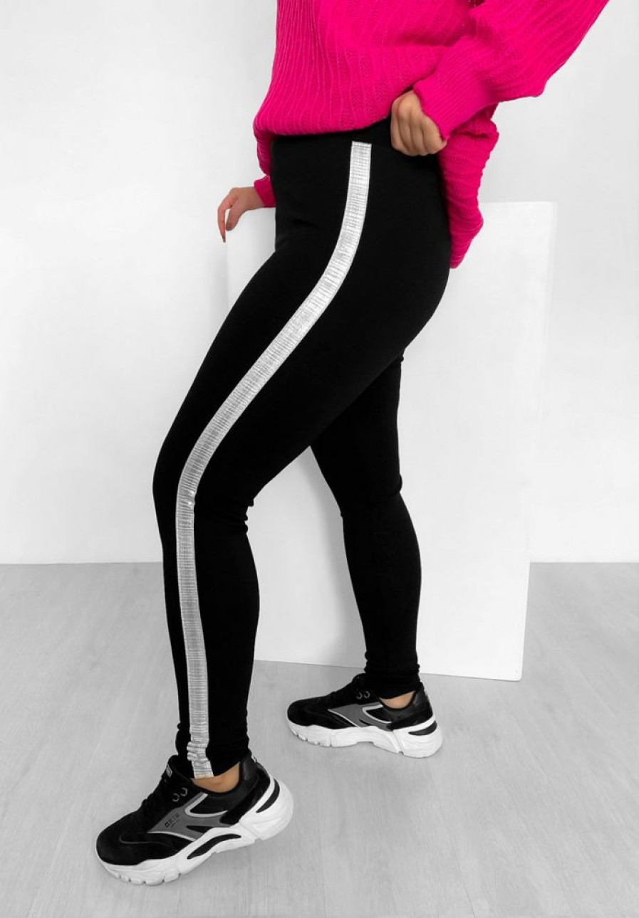 Odziez maloma | Legginsy Plus Size Spodnie W Kolorze Czarnym Wysoki Stan Srebrny Lampas Czarny/Srebrny