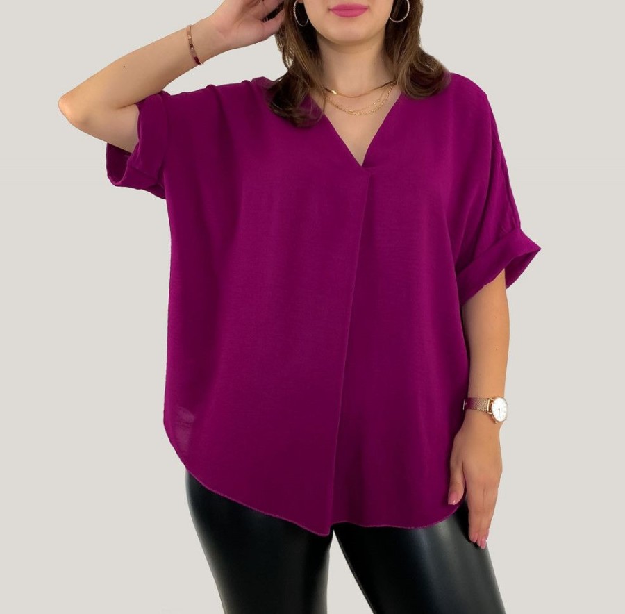 Odziez maloma Bluzki Koszulowe | Elegancka Bluzka Oversize Koszula W Kolorze Magenta Stojka Asha Rozowy/Magenta