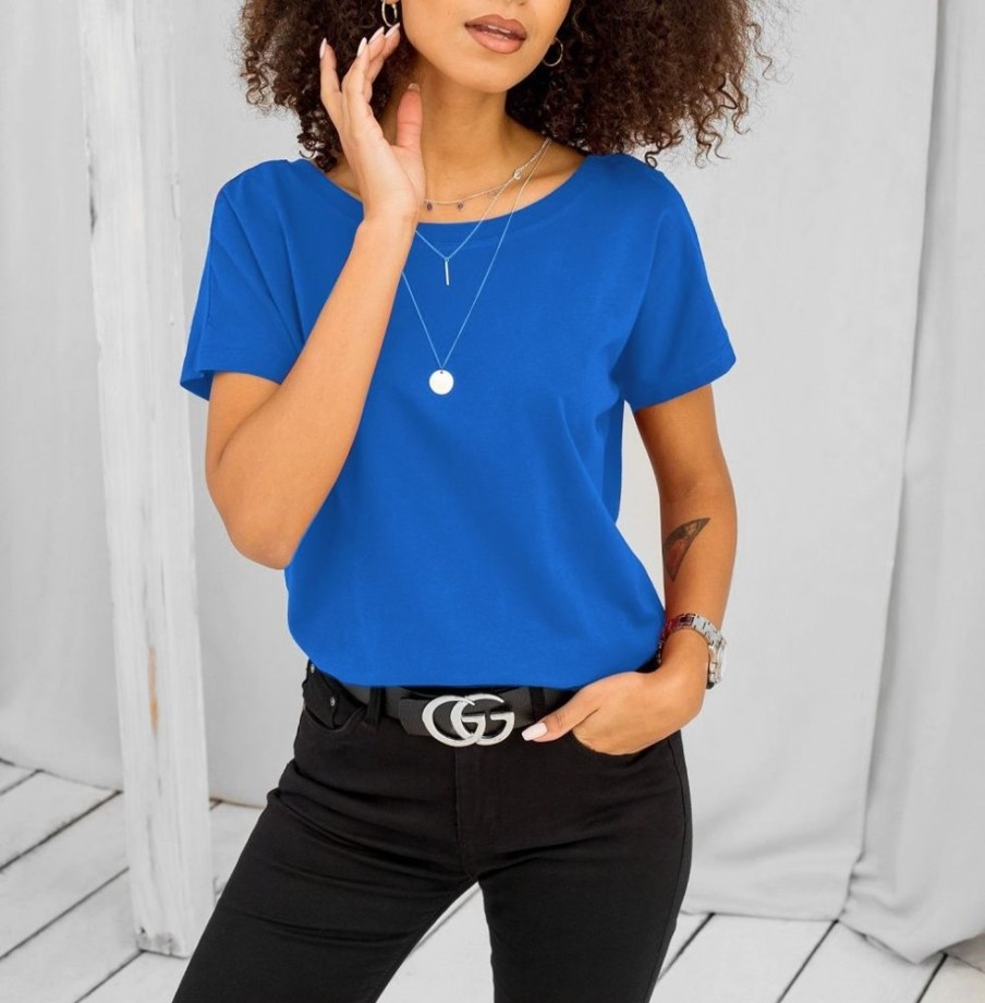 Odziez maloma T-Shirty Basic | Bluzka Damska W Kolorze M Basic Dekolt Na Plecach W Serek V-Neck Caro Niebieski