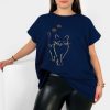 Odziez maloma T-Shirty Z Nadrukiem | Nietoperz T-Shirt Damski Plus Size W Kolorze Owymoty Kot Cat Granat