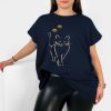 Odziez maloma T-Shirty Z Nadrukiem | Nietoperz T-Shirt Damski Plus Size W Kolorze Dark Navyoty Kot Cat Granat