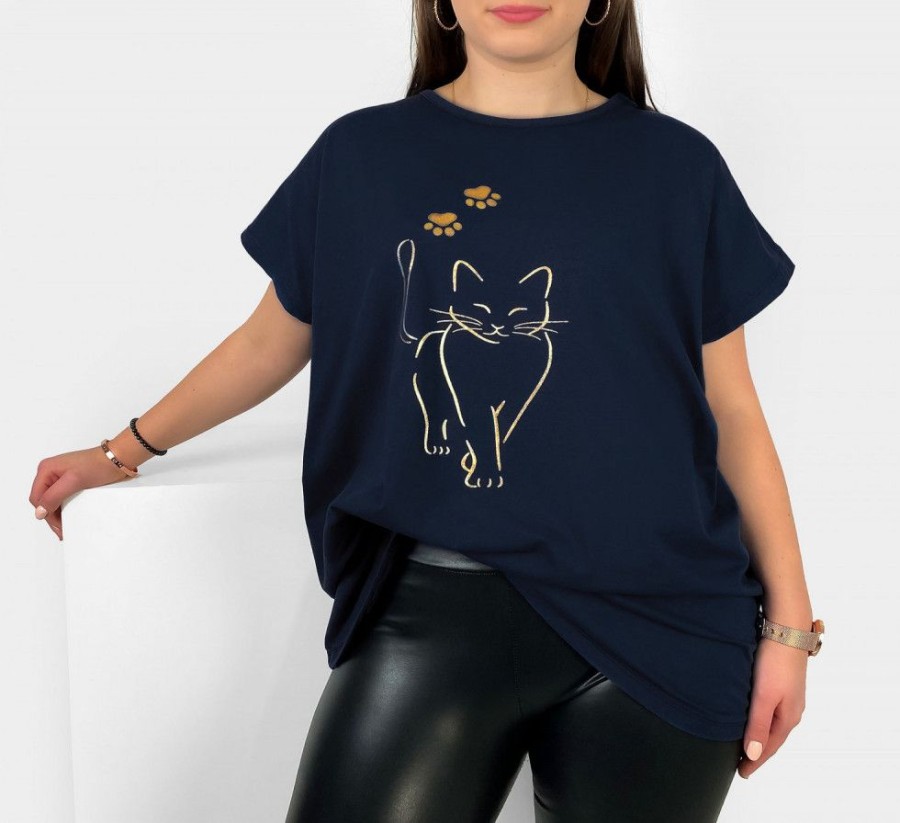 Odziez maloma T-Shirty Z Nadrukiem | Nietoperz T-Shirt Damski Plus Size W Kolorze Dark Navyoty Kot Cat Granat