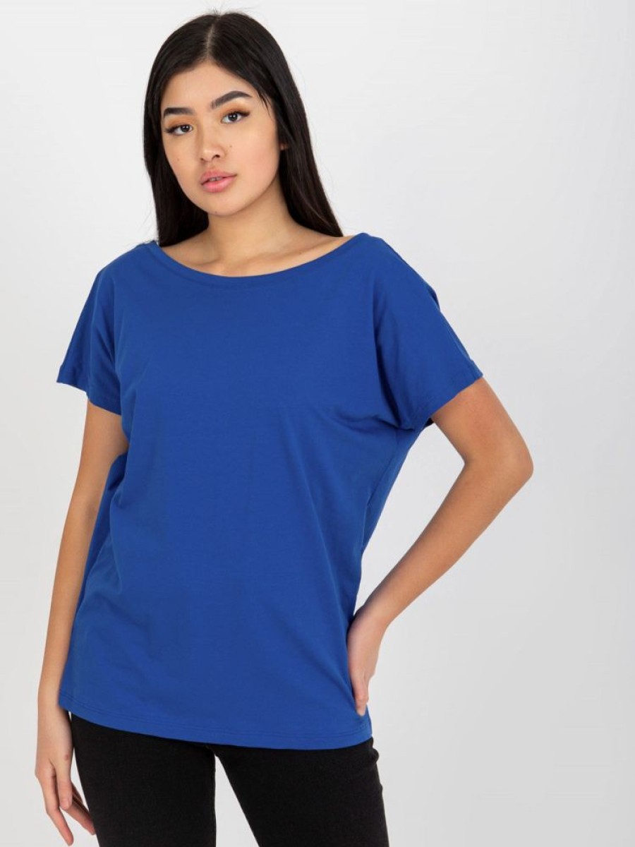 Odziez maloma T-Shirty Jednokolorowe | Bluzka Damska W Kolorze Kobaltowym Basic Dekolt Na Plecach W Serek V-Neck Caro Niebieski/Kobalt