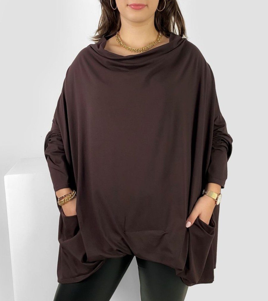 Odziez maloma Bluzki Oversize | Mega Oversize Bluzka Plus Size W Kolorze M Zakladka Dekolt Woda Kieszenie Crystal Brazowy