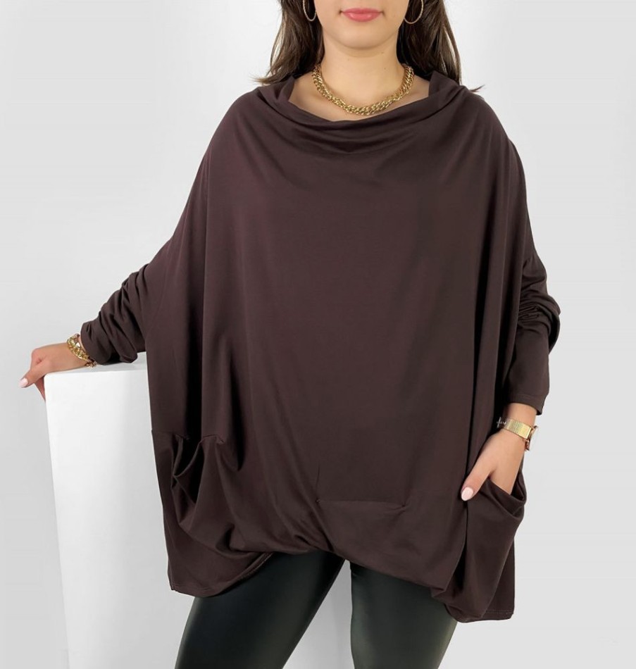 Odziez maloma Bluzki Oversize | Mega Oversize Bluzka Plus Size W Kolorze M Zakladka Dekolt Woda Kieszenie Crystal Brazowy