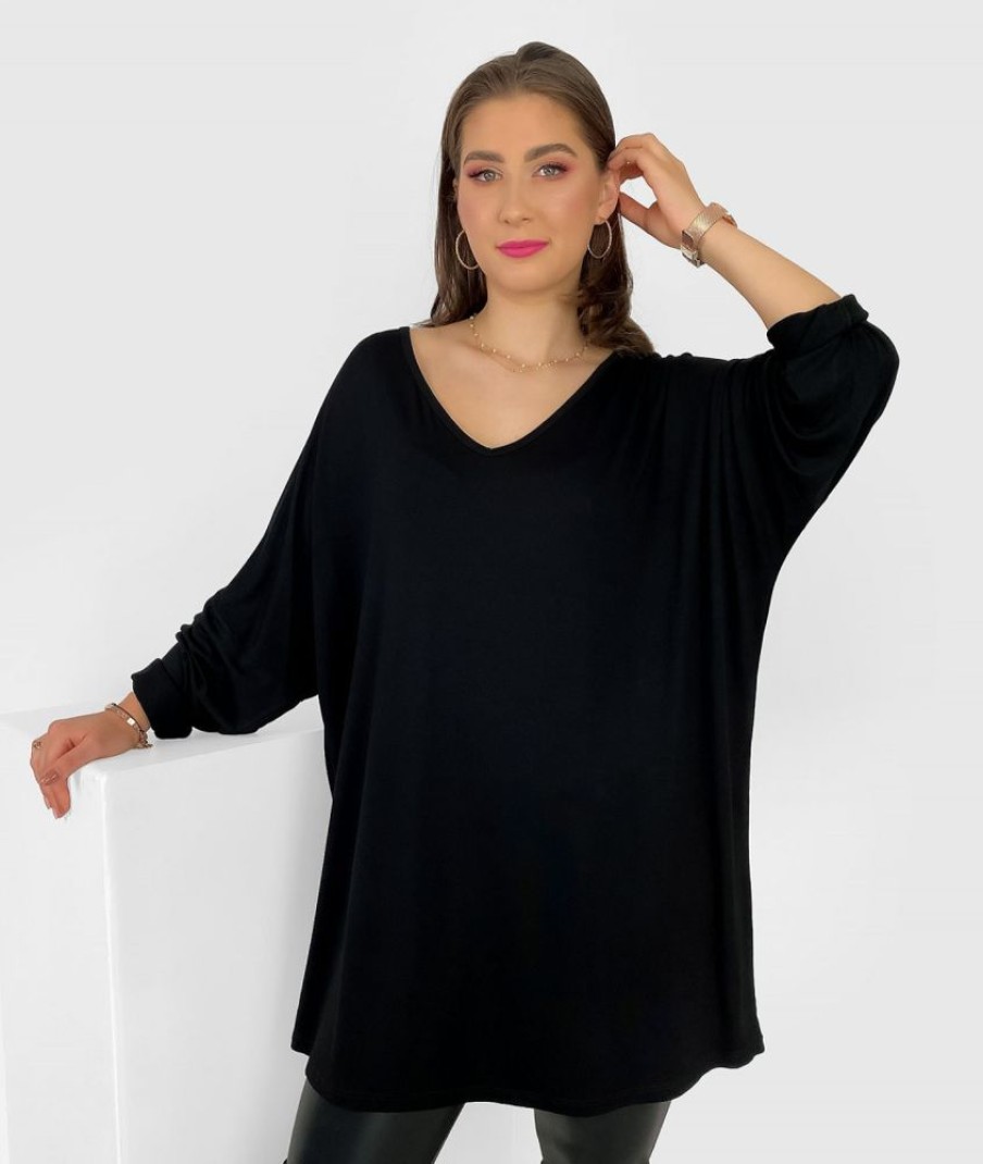 Odziez maloma Tuniki Asymetryczne | Mega Oversize Tunika Bluzka Damska Plus Size Z Wiskozy W Kolorze M V-Neck Gwen Czarny