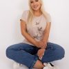 Odziez maloma T-Shirty One Size | Bluzka Damska Plus Size W Kolorze M Krotki Rekaw Nadruk Print Wazki Rozciecia Bezowy