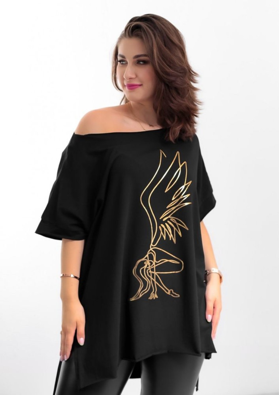 Odziez maloma Bluzki Oversize | Bluzka Damska W Kolorze M Oversize Dluzszy Tyl Print Gold Fairy Czarny