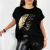 Odziez maloma T-Shirty Z Nadrukiem | Nietoperz T-Shirt Damski Plus Size W Kolorze Czarnym Gold Print Piorko Zloty/Czarny