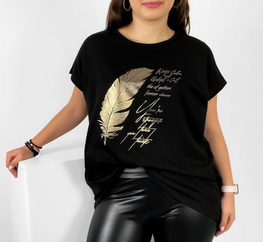 Odziez maloma T-Shirty Z Nadrukiem | Nietoperz T-Shirt Damski Plus Size W Kolorze Czarnym Gold Print Piorko Zloty/Czarny