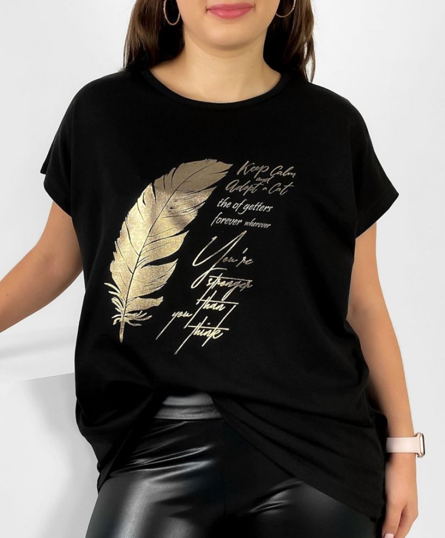 Odziez maloma T-Shirty Z Nadrukiem | Nietoperz T-Shirt Damski Plus Size W Kolorze Czarnym Gold Print Piorko Zloty/Czarny