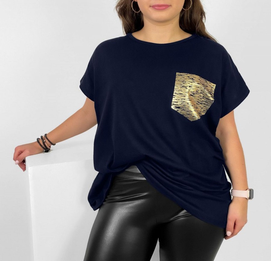 Odziez maloma T-Shirty Z Nadrukiem | Nietoperz T-Shirt Damski Plus Size W Kolorze Owym Printota Kieszonka Granat