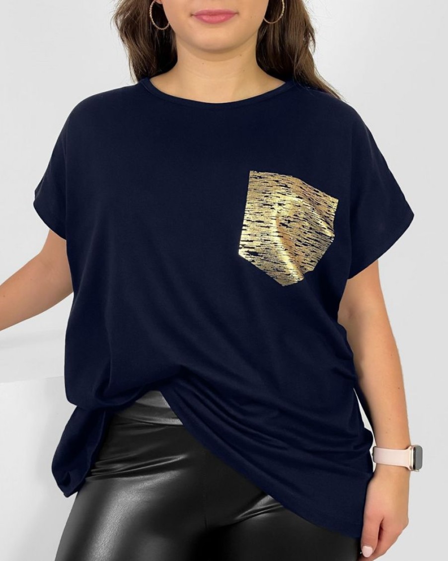 Odziez maloma T-Shirty Z Nadrukiem | Nietoperz T-Shirt Damski Plus Size W Kolorze Owym Printota Kieszonka Granat