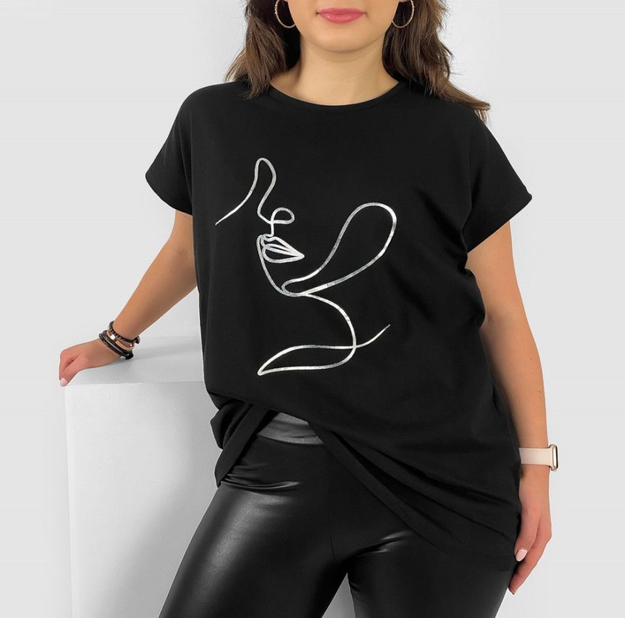 Odziez maloma T-Shirty Z Nadrukiem | Nietoperz T-Shirt Damski Plus Size W Kolorze M Srebrny Line Art Woman Czarny