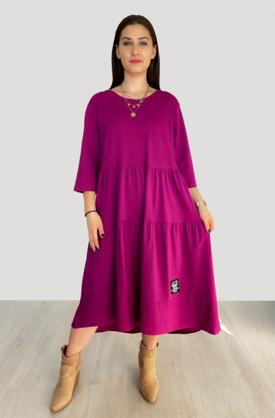 Odziez maloma Sukienki Rozkloszowane | Sukienka Plus Size W Kolorze Magenta Z 3/4 Rekawem Falbany Buzz Rozowy/Magenta