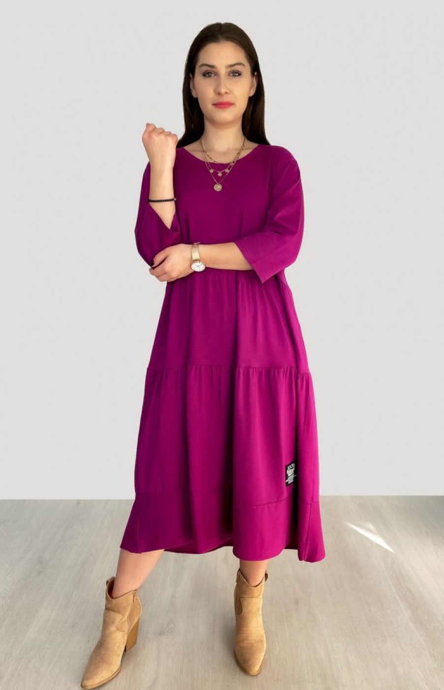 Odziez maloma Sukienki Rozkloszowane | Sukienka Plus Size W Kolorze Magenta Z 3/4 Rekawem Falbany Buzz Rozowy/Magenta