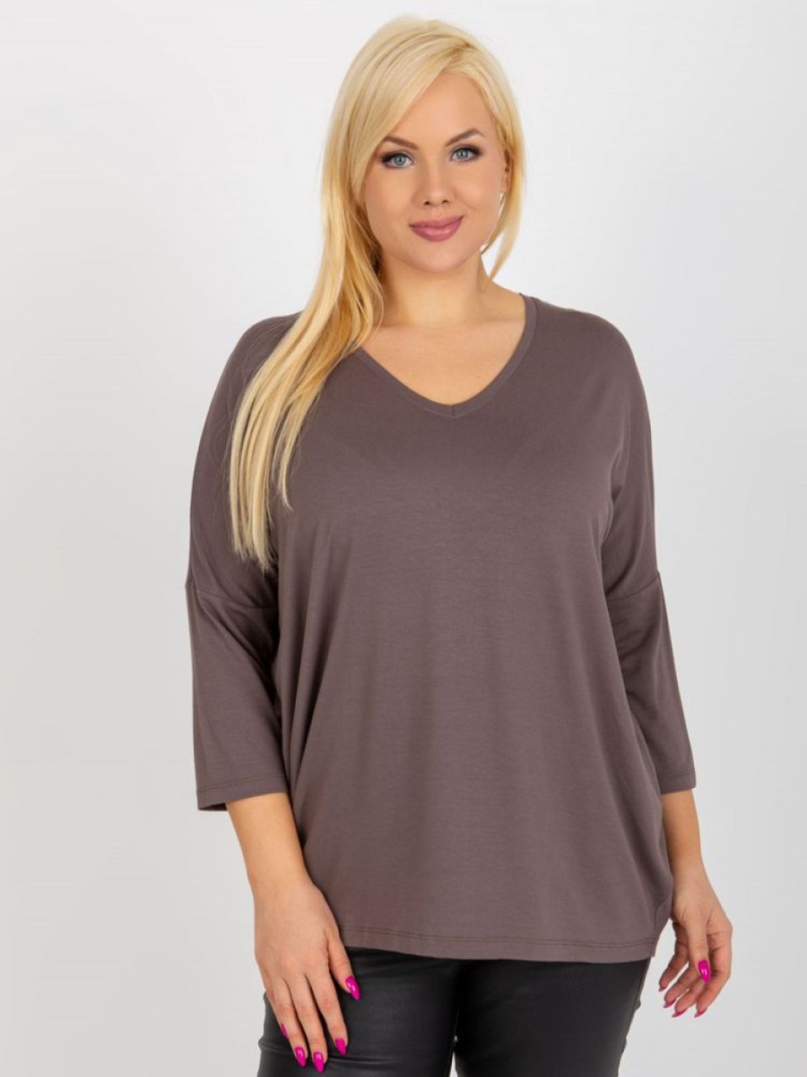 Odziez maloma Bluzki Basic | Bluzka Damska Plus Size W Kolorze M Oversize W Serek Alita Brazowy