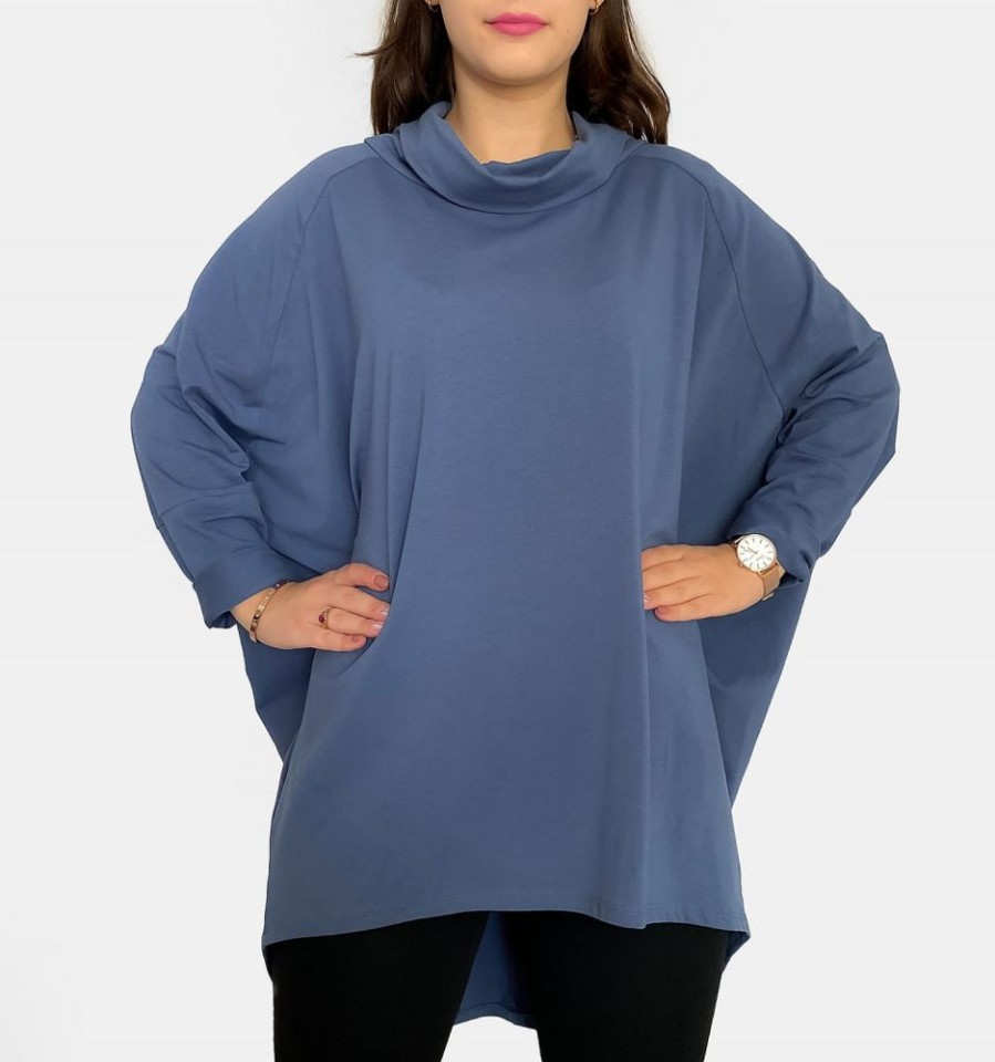 Odziez maloma Tuniki Nietoperz | Mega Oversize Tunika Plus Size W Kolorze Denim Luzny Golf Lazel Niebieski/Denim