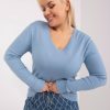 Odziez maloma Bluzki Basic | Milutki Sweterek Bluzka Damska Plus Size W Kolorze Blekitnym Dekolt V Isma Niebieski/Blekit